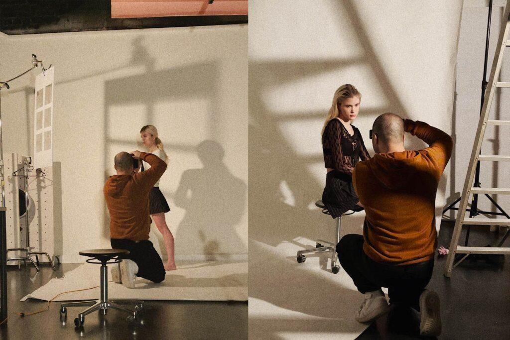 EN: Berlin photographer Ed Mehravaran making portrait of a young model in front of the white background